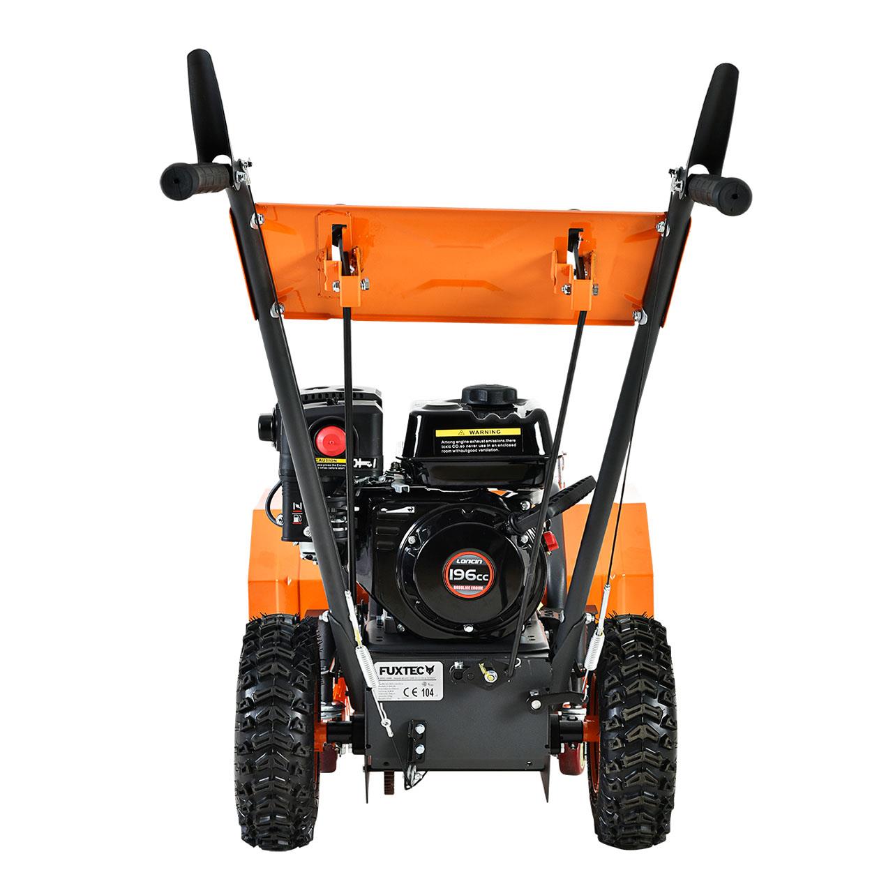 B-WARE FUXTEC Benzin Kehrmaschine Set FX-KM196-SET3 mit Schneeschild und Kehrgutsammelbehälter