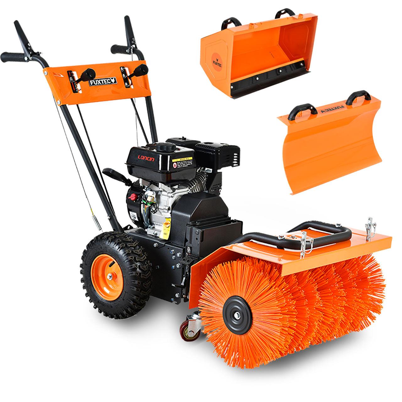 B-WARE FUXTEC Benzin Kehrmaschine Set FX-KM196-SET3 mit Schneeschild und Kehrgutsammelbehälter