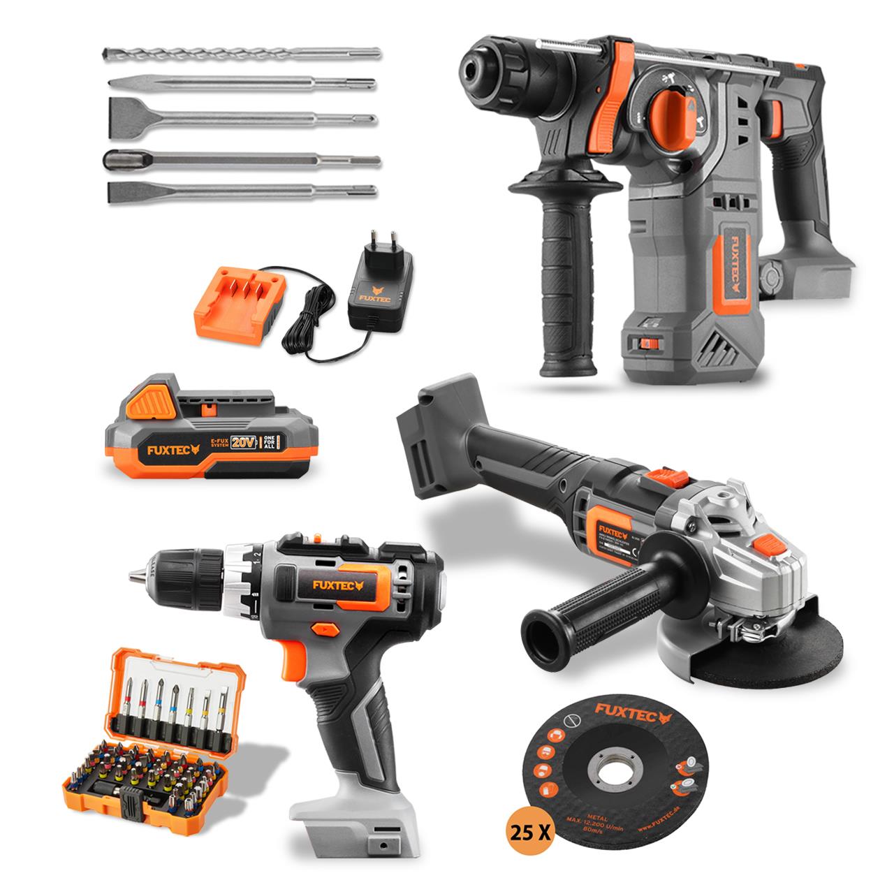 20V Akku PowerTool-Bundle mit Winkelschleifer, Akkuschrauber & Bohrhammer