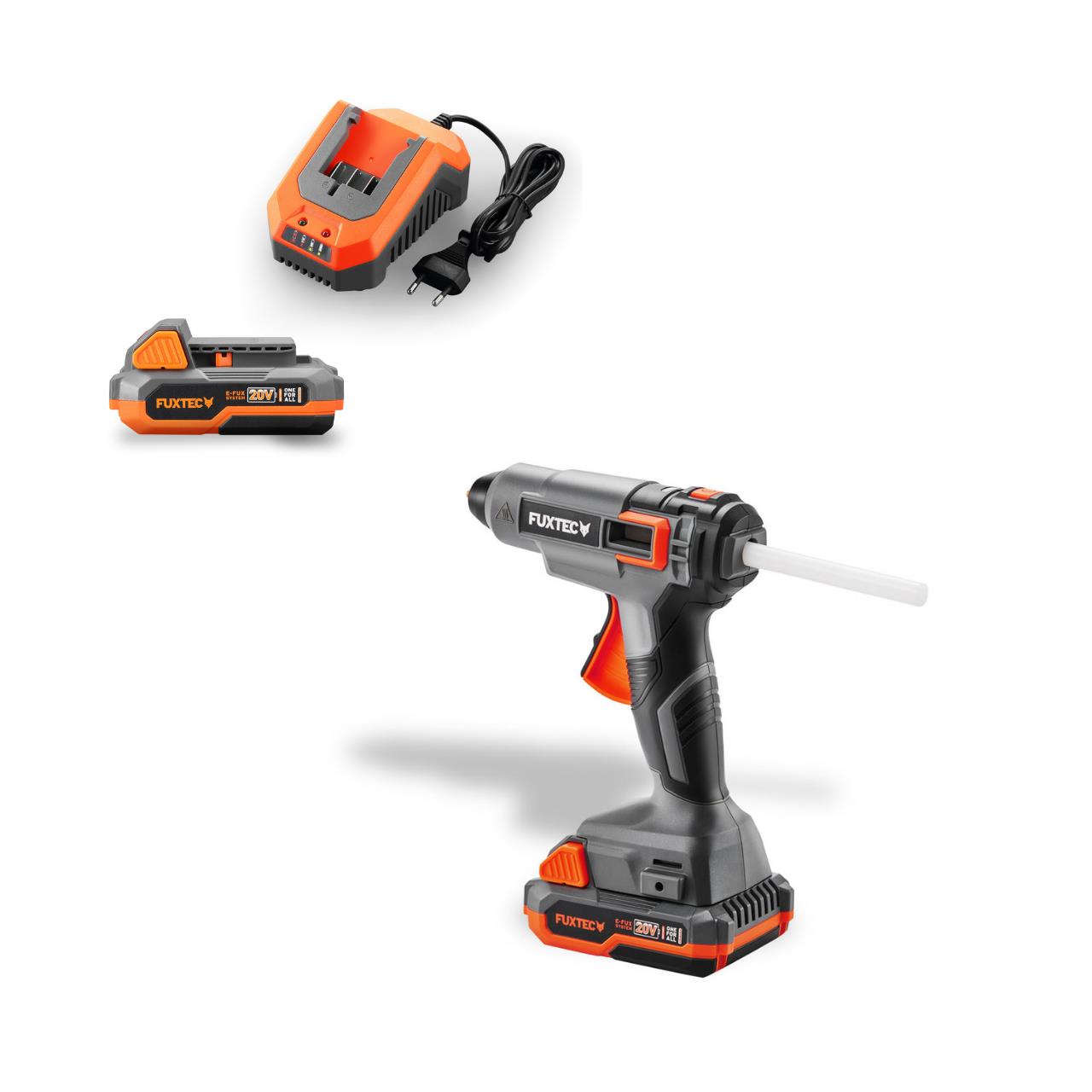 B-WARE FUXTEC 20V Akku Heißklebepistole FX-E1GG20 SET - mit 1x Akku 2Ah, 1x Ladegerät 2.4A