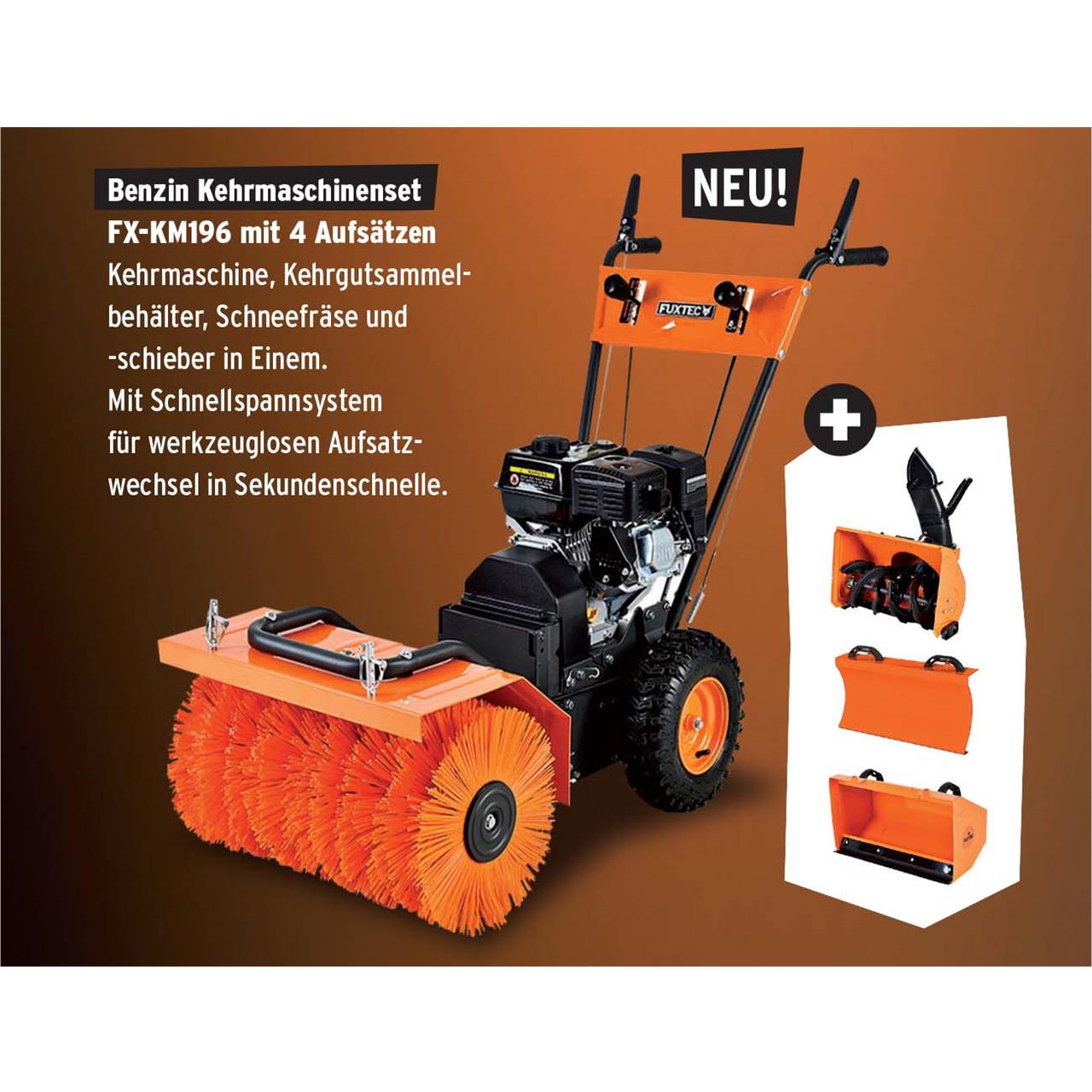 FUXTEC Benzin Kehrmaschine FX-KM196-SET1 mit Schneefräsenaufsatz,Schneeschild & Kehrgutsammelbehälter