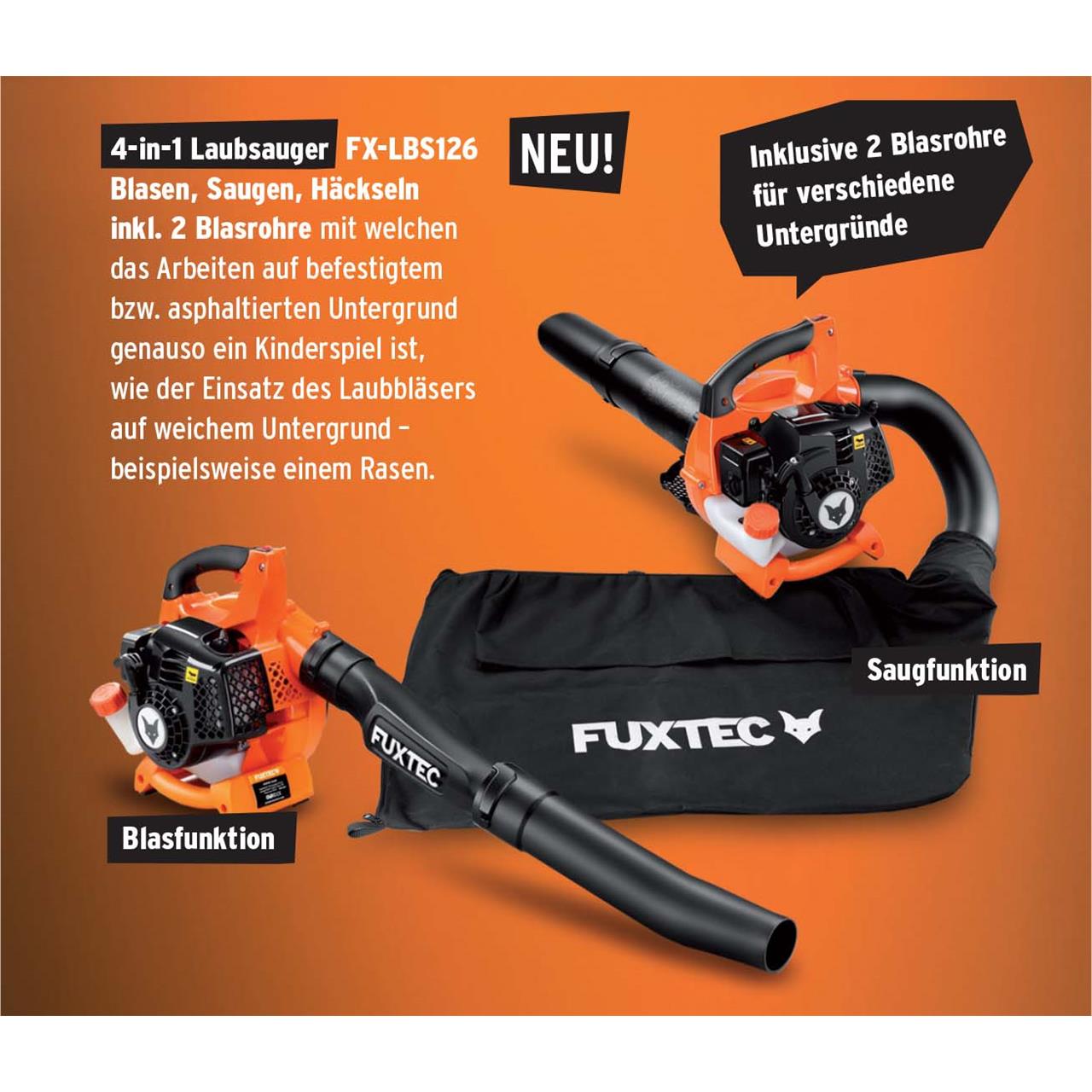 B-WARE FUXTEC FX-LBS126 4in1 Laubsauger, Laubbläser, Laubhäcksler inkl. zwei Blasrohre